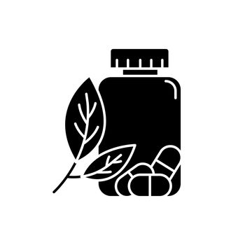 Herbal pills glyph icon. Homeopathy and holistic approach. Organic medication. Natural prescription. Pharmaceutical aid. Illness remedy. Silhouette symbol. Negative space. Vector isolated illustration