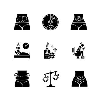 Menstrual cycle glyph icons set. Predmenstrual syndrome. Abdominal pain. Sleep deprivation. Aromatherapy. Diarrhea. Hormone imbalance. Overweight. Silhouette symbols. Vector isolated illustration