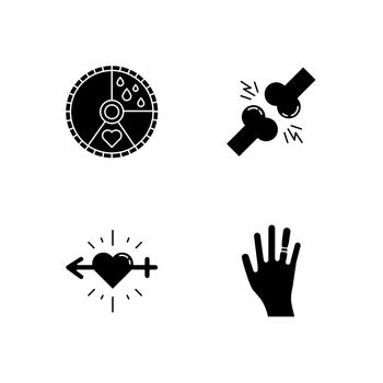 Predmenstrual syndrome glyph icons set. Menstrual cycle. Joint pain. Libido racing. Sex drive. Swollen hand. Muscle strain. Sport trauma. Silhouette symbols. Vector isolated illustration