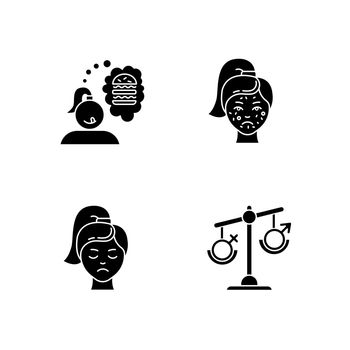 Predmenstrual syndrome glyph icons set. Food craving. Girl hungry for burger. Acne and pimple. Dermatology, cosmetology. Hormonal disbalance. Silhouette symbols. Vector isolated illustration