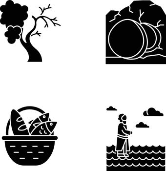 Bible narratives glyph icons set. Fig tree, open coffin, bread and fish, Jesus walking on water. Easter week. Holy writ. Gospel studying, learning. Silhouette symbols. Vector isolated illustration
