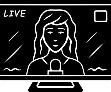 Reporter woman on TV glyph icon. Female journalist reporting breaking news live. Newscast. Newswoman on TV screen. Silhouette symbol. Negative space. Vector isolated illustration