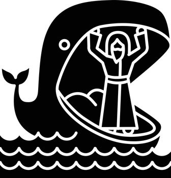 Jonah and whale glyph icon. Old Testament story. Jonahs miraculous return from jaws of huge fish. Repentance and forgiveness. Silhouette symbol. Negative space. Vector isolated illustration