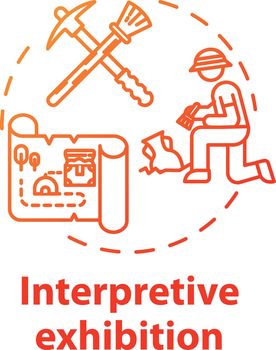 Interpretive exhibition concept icon. Archeology excavation, anthropology. Ancient history item display. Interactive museum exposition idea thin line illustration. Vector isolated outline drawing
