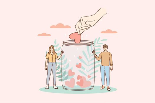 Support, volunteering, charity concept. Young smiling man and woman cartoon characters standing with donation jar collecting heart symbols with giving hand for charity helping campaign