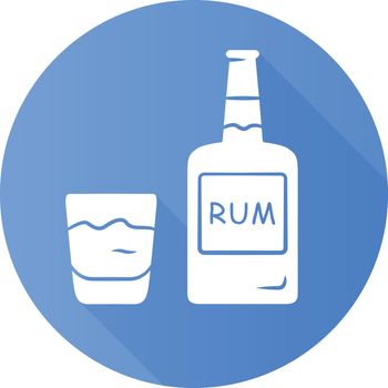 Rum blue flat design long shadow glyph icon. Bottle and old-fashioned glass with alcoholic drink. Alcohol bar beverage consumed for cocktails. Vector silhouette illustration