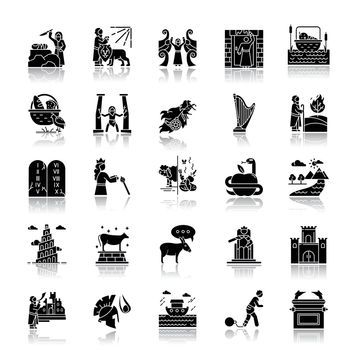 Bible narratives drop shadow black glyph icons set. Noah Ark, Babel tower. Moses, God myths. Religious legends. Christian religion, holy book scenes. Biblical stories. Isolated vector illustrations