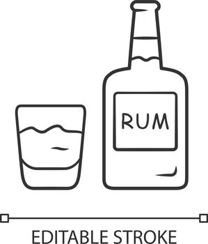 Rum linear icon. Bottle and old-fashioned glass with alcoholic drink. Alcohol bar beverage for cocktails. Thin line illustration. Contour symbol. Vector isolated outline drawing. Editable stroke