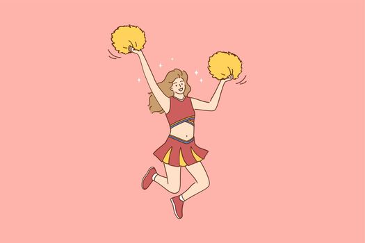 Cheerleading and sport concept. Young beautiful smiling girl cheerleader in red costume dancing moving with yellow pompoms and jumping during show vector illustration