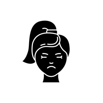 Migraine glyph icon. Girl with headache. Emotional expression on female face. Unhappy and worried woman. Predmenstrual syndrome. Silhouette symbol. Negative space. Vector isolated illustration