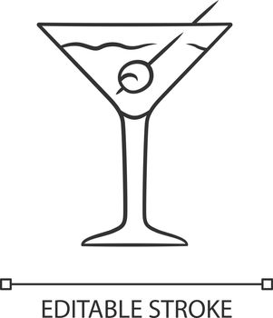 Martini linear icon. Footed glass with drink and olive. Cocktail with gin, vermouth. Tumbler with mixed drink. Thin line illustration. Contour symbol. Vector isolated outline drawing. Editable stroke