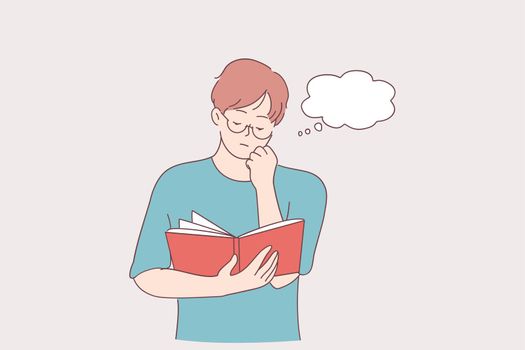 Reading, concentration, hobby concept. Portrait of young serous man cartoon character standing with book in hands and reading with many thoughts in head touching chin vector illustration