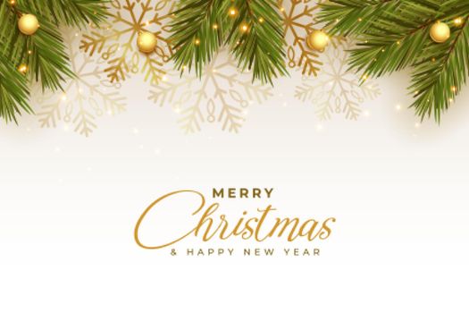 realistic merry christmas festival greeting with pine leaves and golden snowflakes