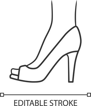 Peep toe high heels linear icon. Woman stylish footwear design. Female casual shoes, luxury summer stilettos. Thin line illustration. Editable stroke. Contour symbol. Vector isolated outline drawing