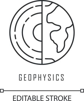 Geophysics linear icon. Study of Earth crust and core. Inner structure and composition of Earth lithosphere. Thin line illustration. Contour symbol. Vector isolated outline drawing. Editable stroke