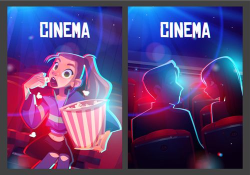 Cinema posters with audience in movie theater hall