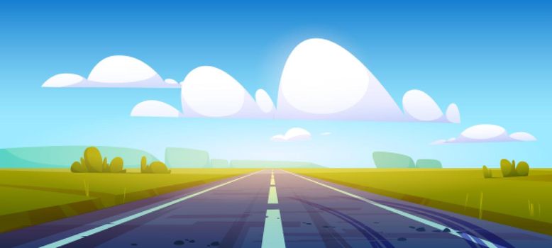 Car road in fields with green grass and forest on horizon. Vector cartoon illustration of summer countryside landscape with meadows, clouds in blue sky and highway with tire tracks on asphalt