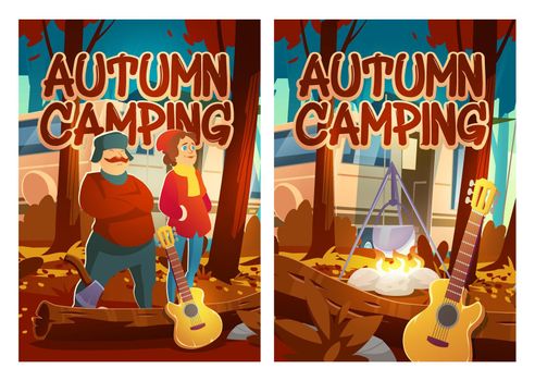 Autumn camping cartoon posters, touristic vacation