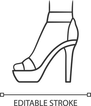 Ankle strap high heels linear icon. Woman stylish footwear design. Female party stiletto shoes. Editable stroke. Thin line illustration. Contour symbol. Vector isolated outline drawing