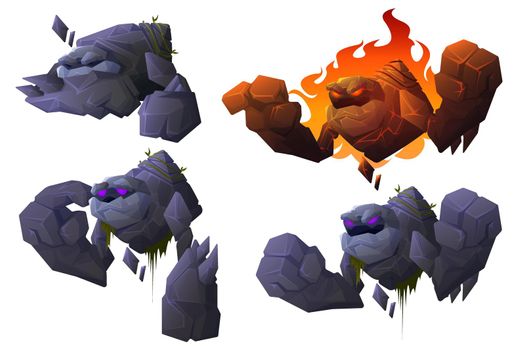 Golem cartoon character, stone mythical monster