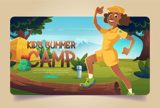 Kids summer camp cartoon landing with counselor