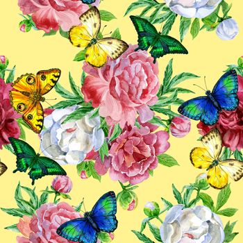 Seamless pattern with red and pink peonies flowers and butterflies.