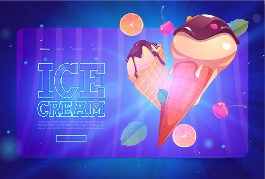 Ice cream banner with sundae in waffle cones