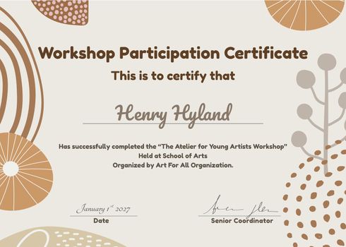 Workshop participation certificate template, creative floral design vector