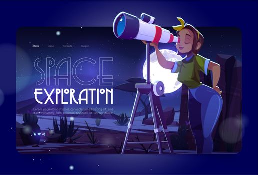 Space exploration cartoon landing page, web banner