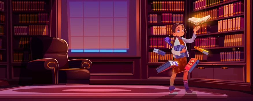 Girl with flying books with magic glow in library