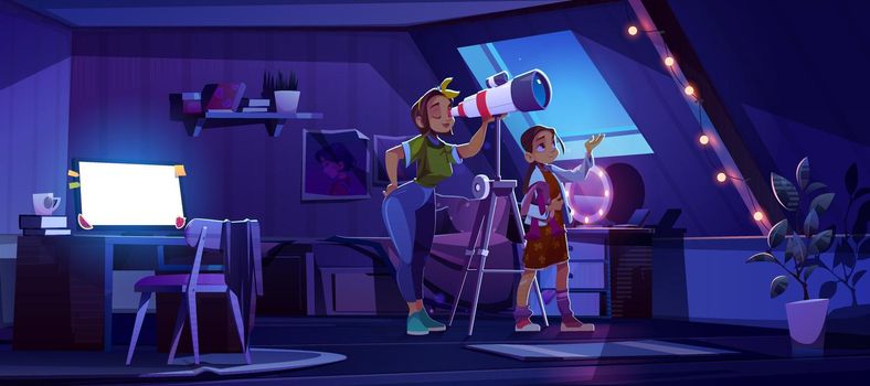 Mother and daughter look in telescope from attic room, young girl with mom explore moon and stars on dark night sky. Astronomy science learning, space exploration hobby, Cartoon vector illustration