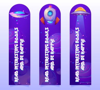 Space banners with planets, spaceship, telescope