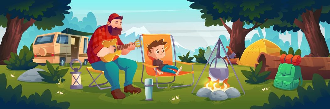 Family camping, father and little son relax in forest camp playing guitar at fire. Man and boy tourists summer time leisure, vacation hiking or traveling touristic activity Cartoon vector illustration