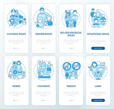 Roles and moral norms blue set onboarding mobile app page screen