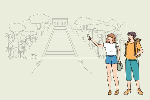 Happy couple tourists explore travel destination in tropical country. Smiling man and woman travelers discover landmarks or attractions on summer holiday or vacation. Tourism. Vector illustration.