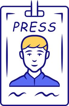 Press pass blue color icon. Journalist, reporter ID badge. Press identification card. Backstage VIP entry permit, conference entrance ticket. Corporate pass holder. Isolated vector illustration