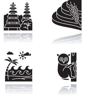 Indonesia drop shadow black glyph icons set. Tropical animals. Vacation in Indonesia. Exploring exotic wildlife. Unique flora, fauna. Bali sightseeing and architecture. Isolated vector illustrations