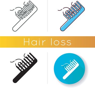 Hairbrush icon. Сomb with hair strands. Hairloss problem. Dermatology issue. Thinning and falling hair. Alopecia and balding. Linear black and RGB color styles. Isolated vector illustrations