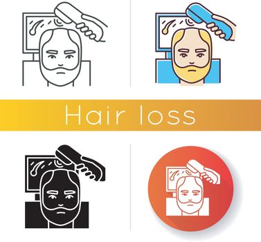 Trichoscopy icon. Hairloss treatment. Scalp and hair disease diagnosis. Male alopecia. Dermatology evaluation, medicine. Linear black and RGB color styles. Isolated vector illustrations