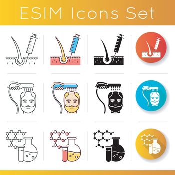 Hair loss icons set. Alopecia treatment. Hairloss injection. Laser therapy. Chemistry, medicine. Dermatology and healthcare. Linear, black and RGB color styles. Isolated vector illustrations