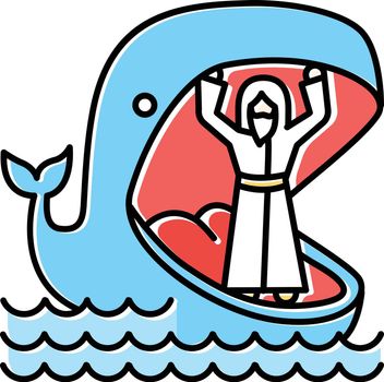 Jonah and whale blue color icon. Old Testament story. Jonahs miraculous return from jaws of huge fish. Repentance and forgiveness. Bible narrative. Isolated vector illustration