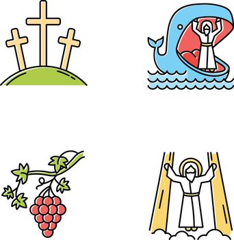 Bible narratives color icons set. Calvary, Jonah and whale, grapevine, ascension of Jesus Christ. Christian stories. Holy writ studying, learning. Isolated vector illustrations