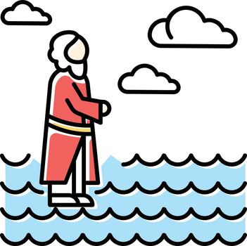 Jesus walking on water blue color icon. Miracles of Jesus Christ. Savior on water surface offering open hand and waching to heaven. New Testament. Bible narrative. Isolated vector illustration