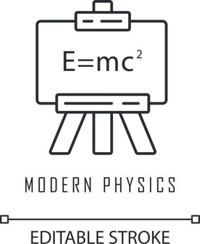 Modern physics linear icon. Theory of relativity and quantum mechanics. Einstein formula on whiteboard. Thin line illustration. Contour symbol. Vector isolated outline drawing. Editable stroke