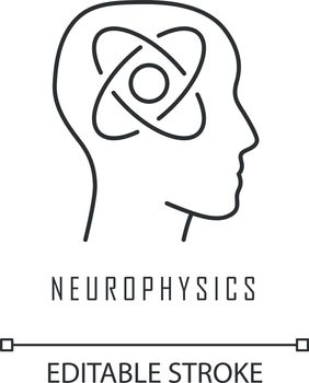 Neurophysics linear icon. Nervous system, human brain studying. Neuroscience research. Cognitive neuroscience. Thin line illustration. Contour symbol. Vector isolated outline drawing. Editable stroke