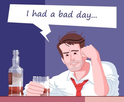 Alcohol addiction flat color vector illustration. I had a bad day. Psychological dependence of alcohol. Alcoholism habitual. Man drinking booze to relax and rest cartoon character