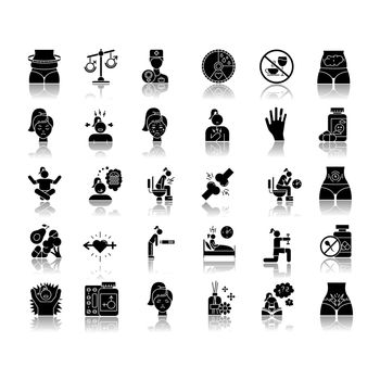 Predmenstrual syndrome drop shadow black glyph icons set. Menstrual cycle. Abdominal pain. Food craving. Birth control. Aromatherapy. Emotion outburst. Hormone imbalance. Isolated vector illustrations