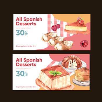 Voucher template with Spain dessert concept,watercolor style