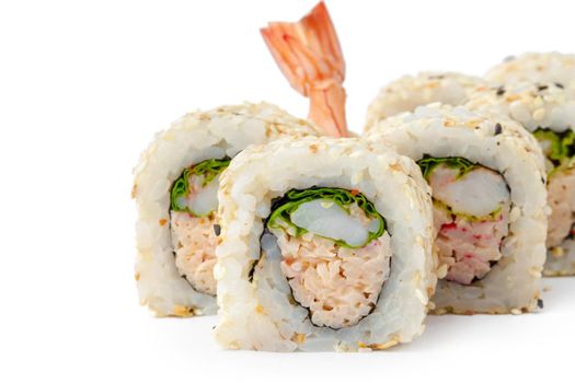 Sushi roll with shrimp and sesame isolated on white