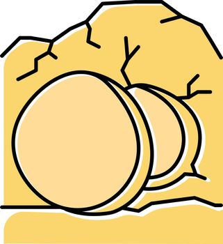 Open coffin yellow color icon. Cave with large stone at entrance. Resurrection day. Jesus Christ is risen. Easter Sunday. Bible narrative. Gospel story. Isolated vector illustration